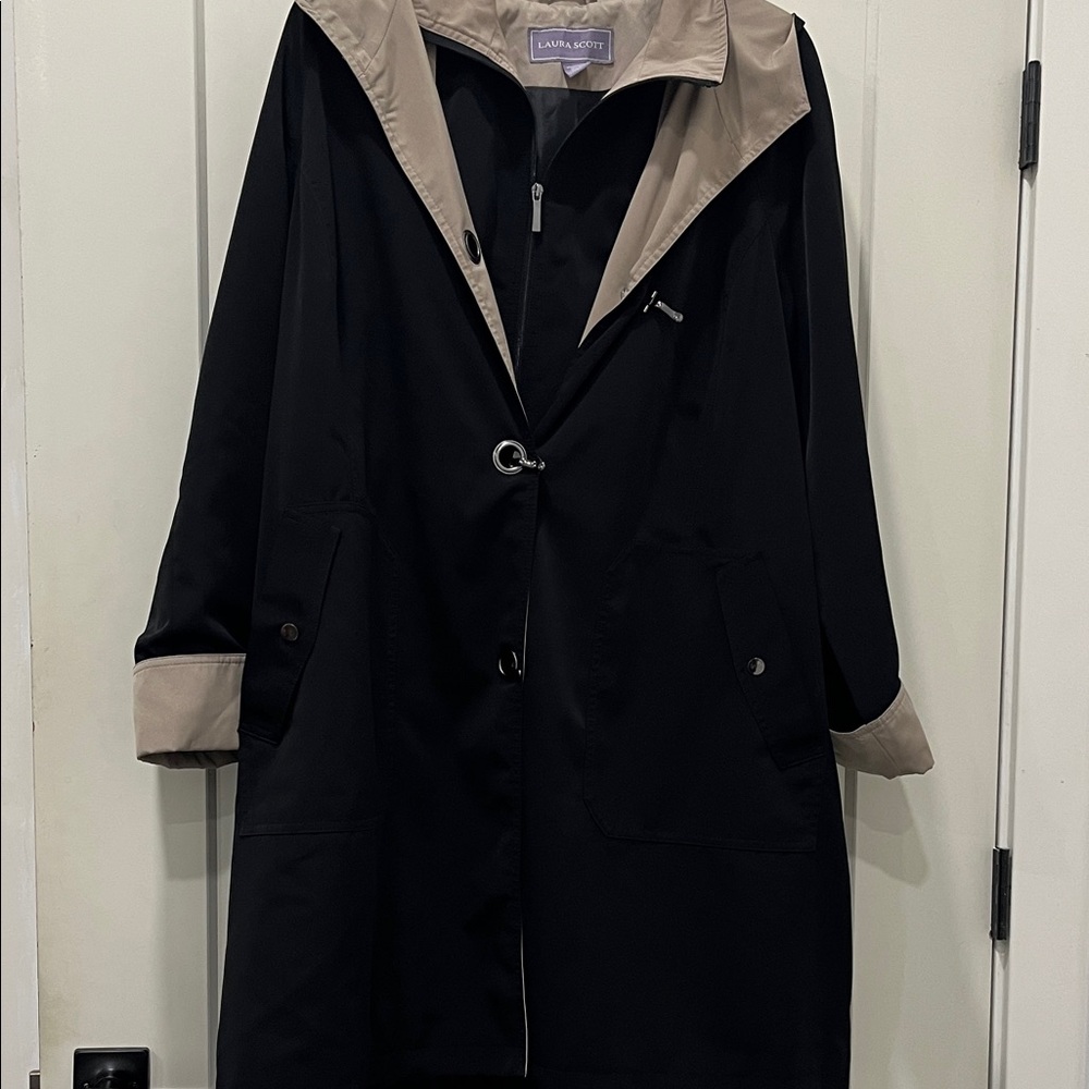 Laura Scott Black Trench Coat with Tan Accents